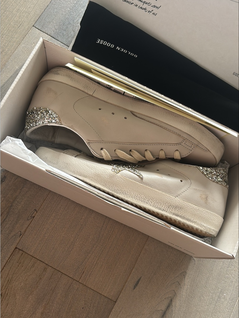 Golden Goose Women Beige Low-Top Sneakers with Silver Glitter Heel and Star